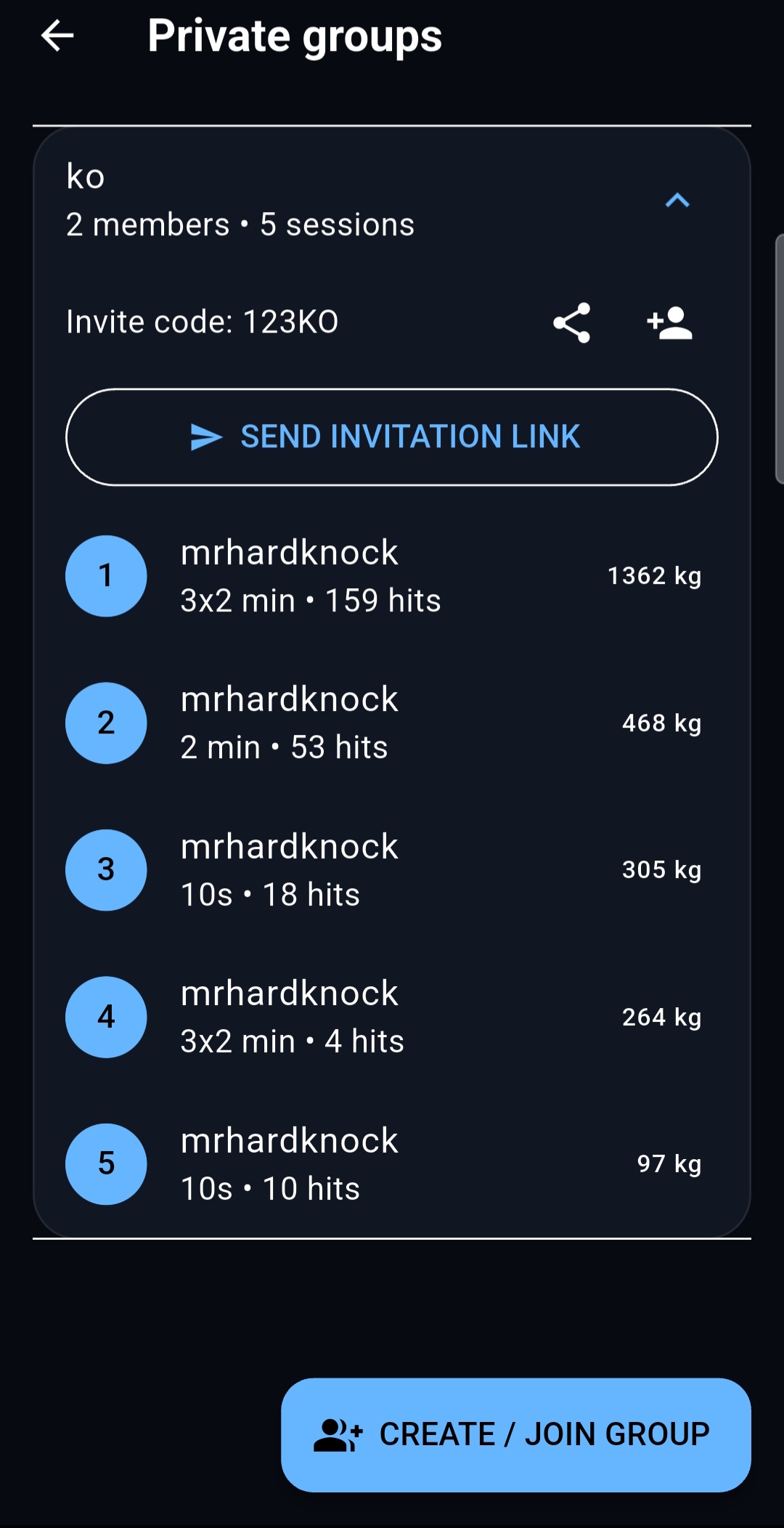 FightNode private group with invitations and session ranking
