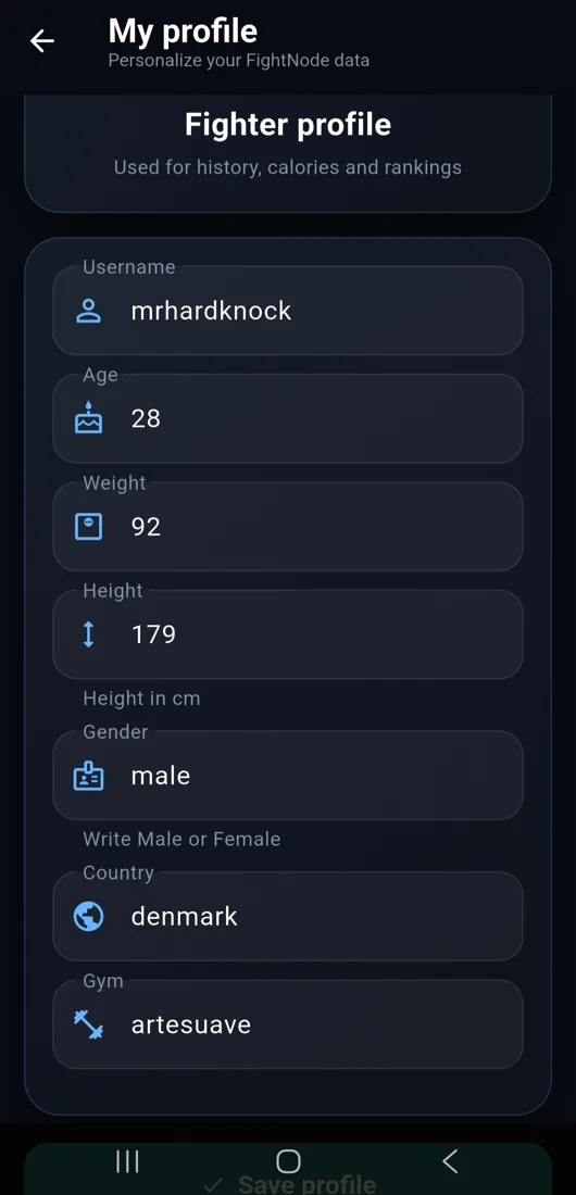 FightNode fighter profile settings