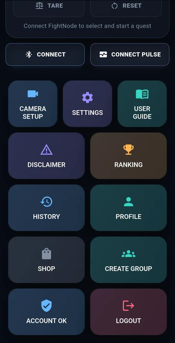FightNode app tools and main menu