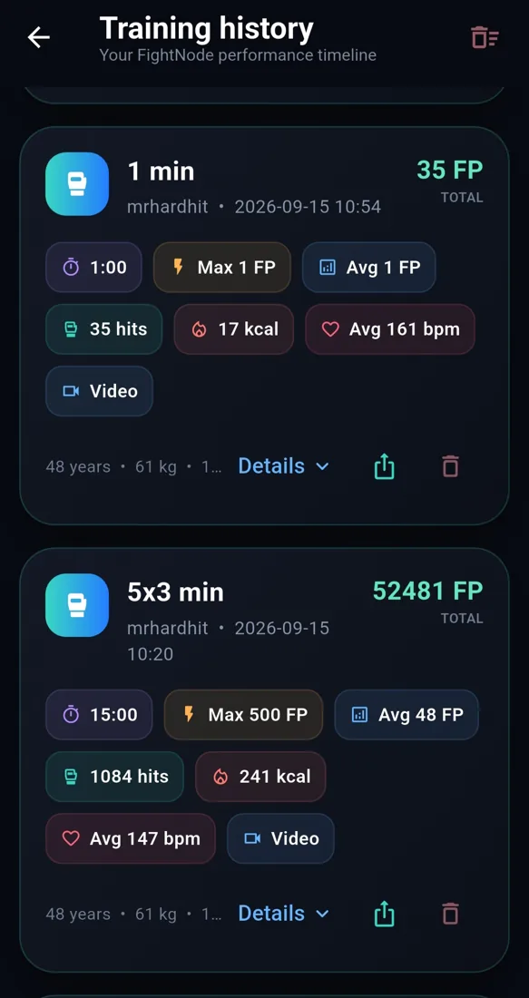 FightNode training history with saved sessions
